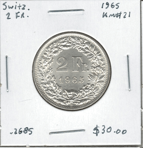 Switzerland: 1965 2 Francs Lot#3 Switzerland: 1965 2 Francs Lot#3