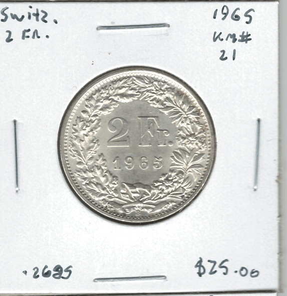 Switzerland: 1965 2 Francs Lot#5 Switzerland: 1965 2 Francs Lot#5
