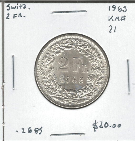 Switzerland: 1965 2 Francs Lot#12 Switzerland: 1965 2 Francs Lot#12