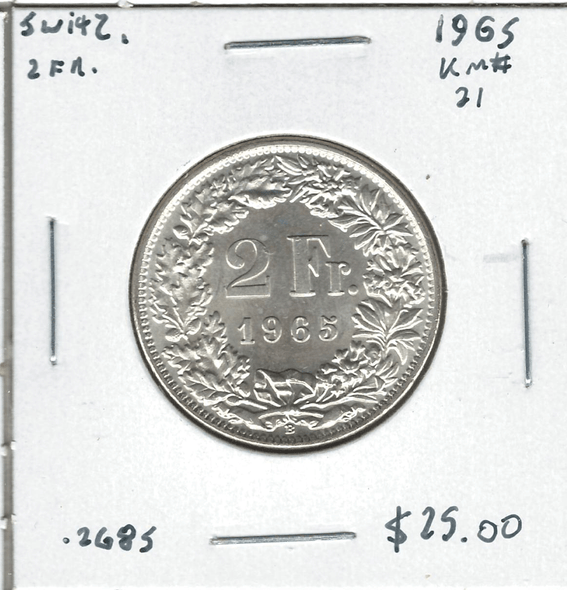 Switzerland: 1965 2 Francs Lot#16
