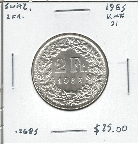 Switzerland: 1965 2 Francs Lot#16 Switzerland: 1965 2 Francs Lot#16