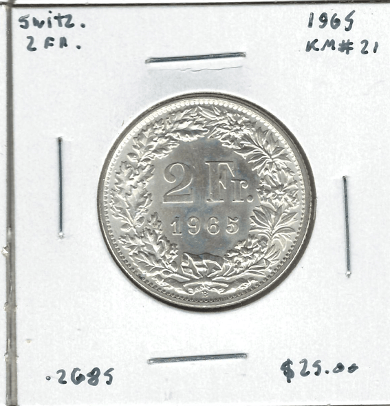 Switzerland: 1965 2 Francs Lot#17 Switzerland: 1965 2 Francs Lot#17
