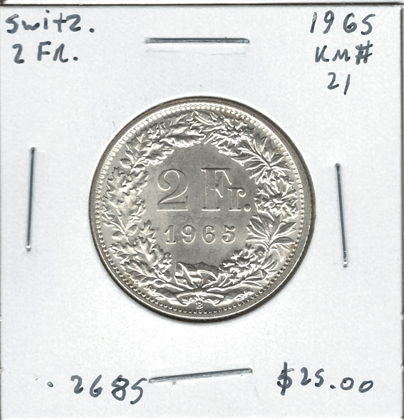 Switzerland: 1965 2 Francs Lot#19 Switzerland: 1965 2 Francs Lot#19
