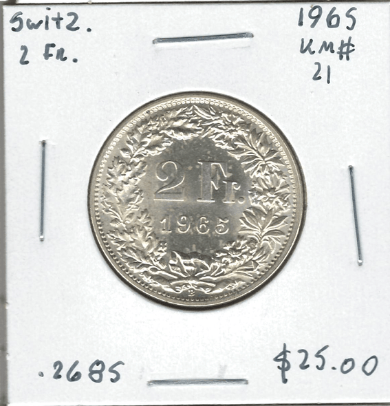 Switzerland: 1965 2 Francs Lot#21 Switzerland: 1965 2 Francs Lot#21