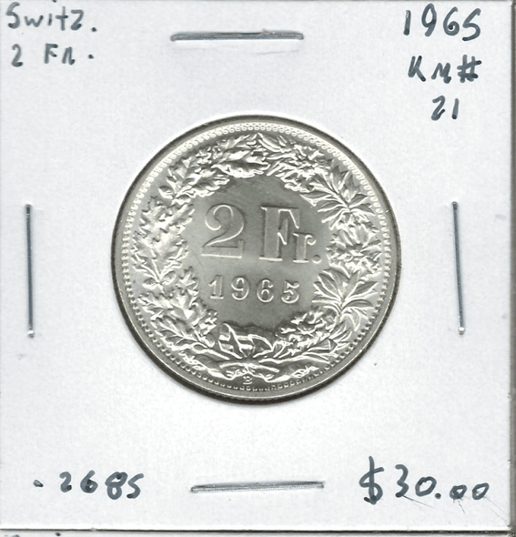 Switzerland: 1965 2 Francs Lot#22 Switzerland: 1965 2 Francs Lot#22