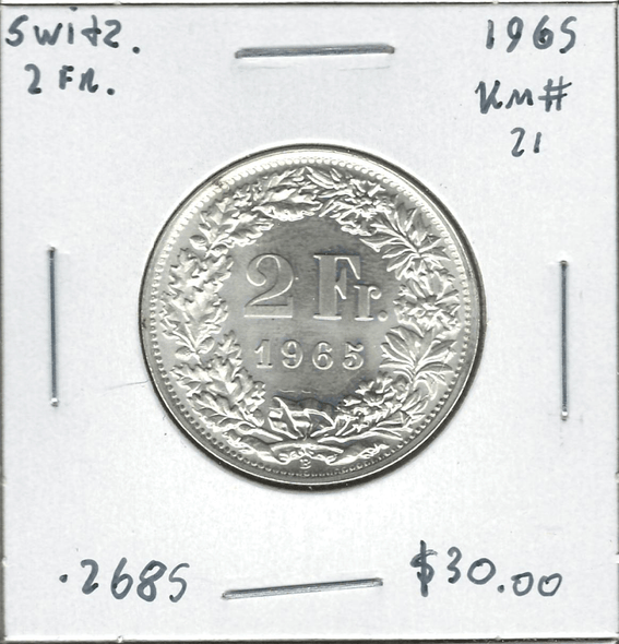 Switzerland: 1965 2 Francs Lot#23 Switzerland: 1965 2 Francs Lot#23