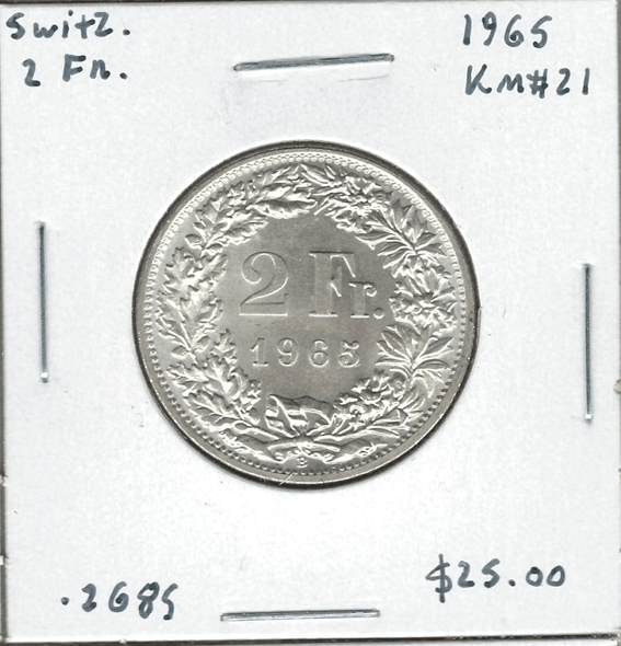 Switzerland: 1965 2 Francs Lot#24 Switzerland: 1965 2 Francs Lot#24