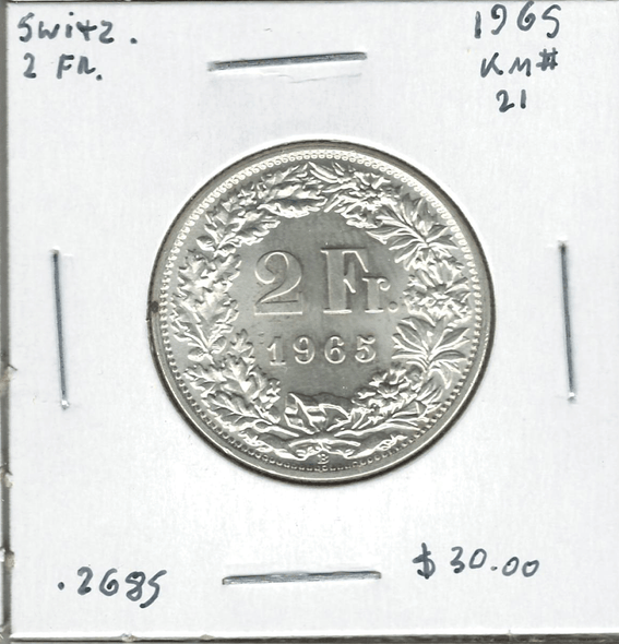 Switzerland: 1965 2 Francs Lot#25 Switzerland: 1965 2 Francs Lot#25