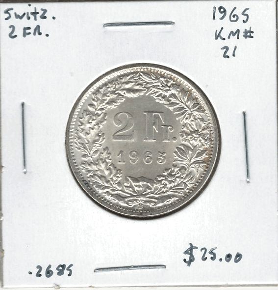 Switzerland: 1965 2 Francs Lot#27 Switzerland: 1965 2 Francs Lot#27