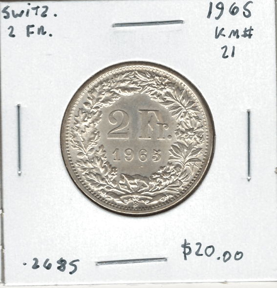 Switzerland: 1965 2 Francs Lot#28 Switzerland: 1965 2 Francs Lot#28