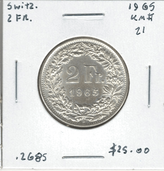 Switzerland: 1965 2 Francs Lot#29 Switzerland: 1965 2 Francs Lot#29