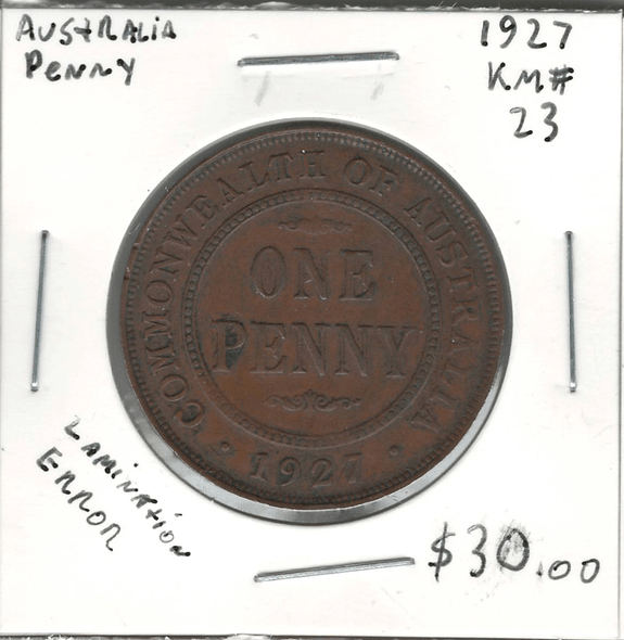 Australia: 1927 Penny Lamination Error Australia: 1927 Penny Lamination Error