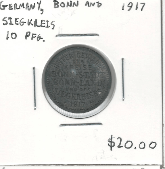 Germany: Bonn and Siegkreis: 1917 10 Pfennig