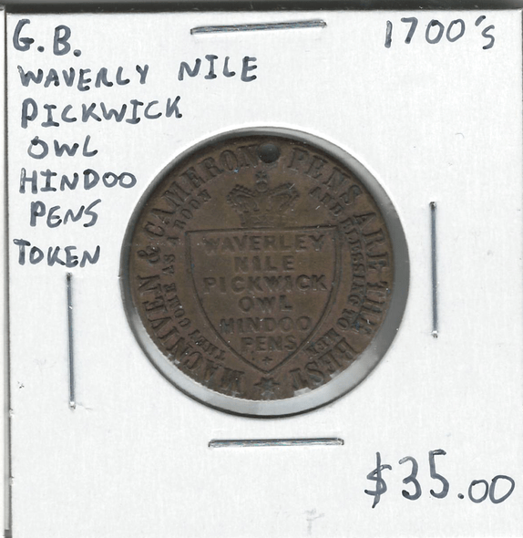 Great Britain: 1700's Waverly Nile Pickwick Owl Hindoo Pens Token Great Britain: 1700's Waverly Nile Pickwick Owl Hindoo Pens Token