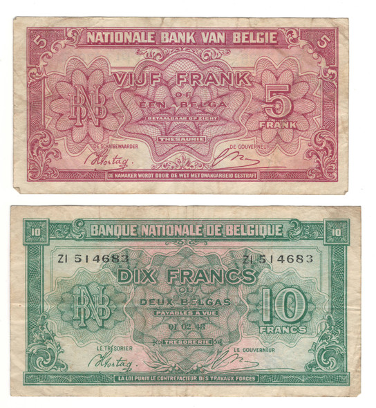 Belgium: 1943 5 & 10 Frank Banknotes Lot (2 Pieces) Belgium: 1943 5 & 10 Frank Banknotes Lot (2 Pieces)