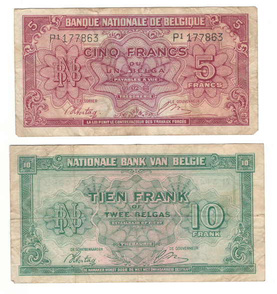 Belgium: 1943 5 & 10 Frank Banknotes Lot (2 Pieces) Belgium: 1943 5 & 10 Frank Banknotes Lot (2 Pieces)