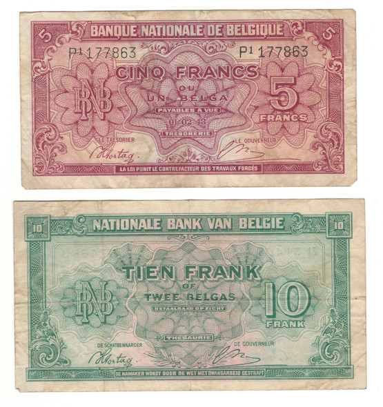 Belgium: 1943 5 & 10 Frank Banknotes Lot (2 Pieces)