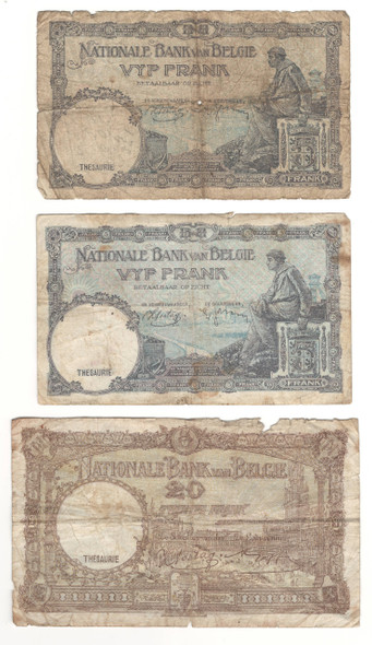 Belgium: 1938 - 1943 Banknotes Lot (3 Pieces) Belgium: 1938 - 1943 Banknotes Lot (3 Pieces)