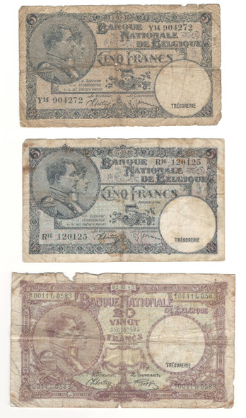 Belgium: 1938 - 1943 Banknotes Lot (3 Pieces) Belgium: 1938 - 1943 Banknotes Lot (3 Pieces)