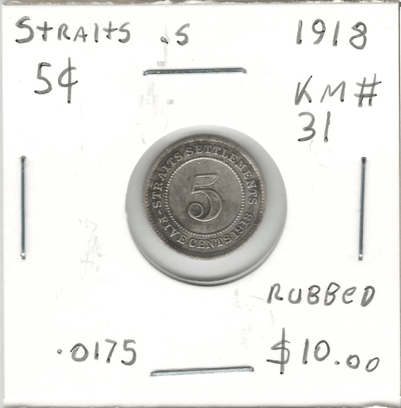Straits Settlements: 1918 Silver 5 Cents