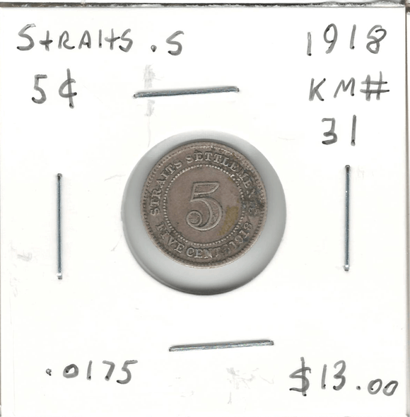 Straits Settlements: 1918 Silver 5 Cents KM#31