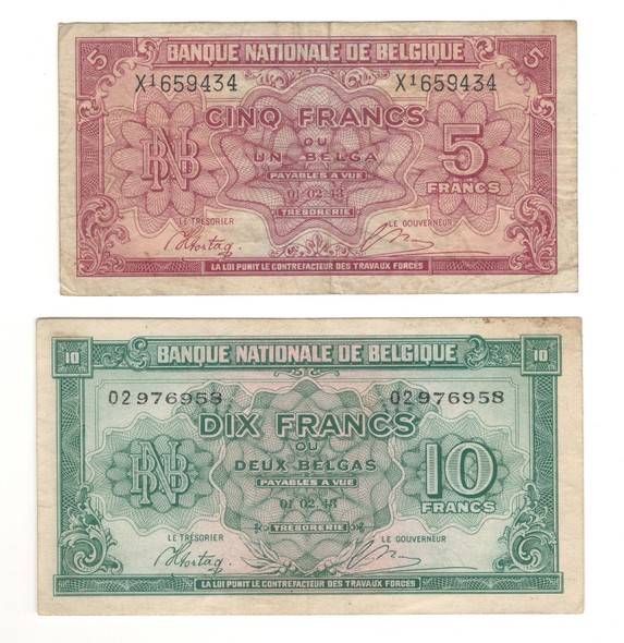 Belgium: 1943 5 and 10 Francs Collection Lot (2 Pieces) Belgium: 1943 5 and 10 Francs Collection Lot (2 Pieces)