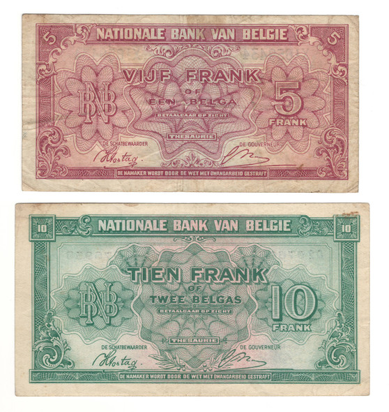Belgium: 1943 5 and 10 Francs Collection Lot (2 Pieces) Belgium: 1943 5 and 10 Francs Collection Lot (2 Pieces)