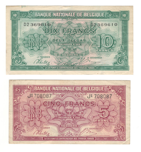 Belgium: 1943 5 and 10 Francs Collection Lot (2 Pieces) Lot#2