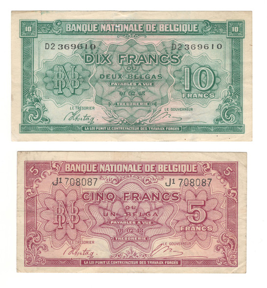 Belgium: 1943 5 and 10 Francs Collection Lot (2 Pieces) Lot#2 Belgium: 1943 5 and 10 Francs Collection Lot (2 Pieces) Lot#2