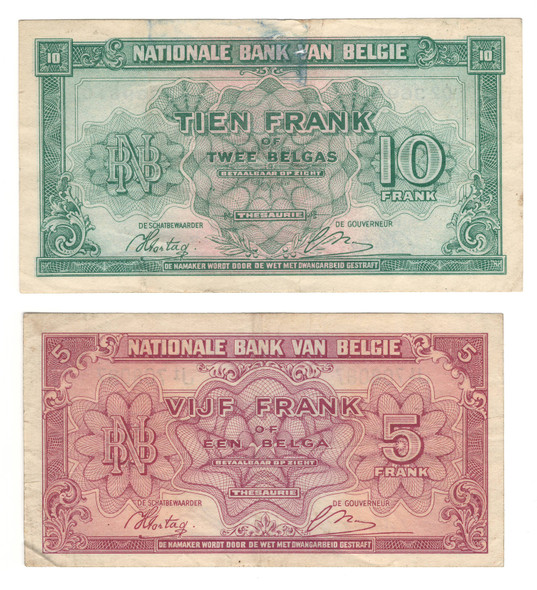 Belgium: 1943 5 and 10 Francs Collection Lot (2 Pieces) Lot#2 Belgium: 1943 5 and 10 Francs Collection Lot (2 Pieces) Lot#2