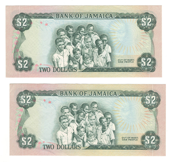 Jamaica: 1976 2 Dollars Banknote Collection Lot (2 Pieces)