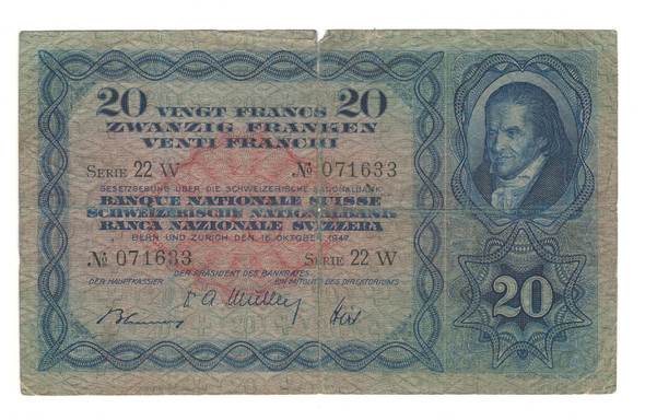 Switzerland: 1947 20 Francs Banknote
