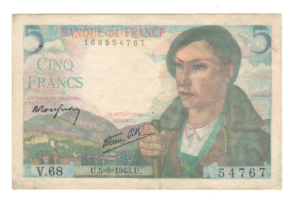 France: 1943 5 Francs Banknote Lot#2 France: 1943 5 Francs Banknote Lot#2