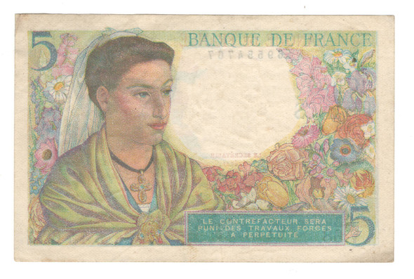 France: 1943 5 Francs Banknote Lot#2 France: 1943 5 Francs Banknote Lot#2