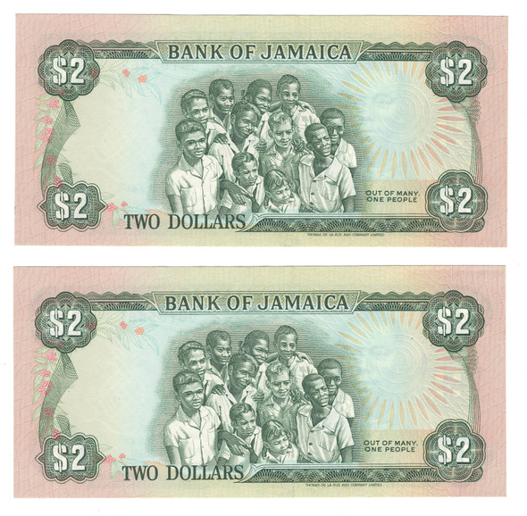 Jamaica: 1987 2 Dollars Banknote Collection Lot (2 Pieces)