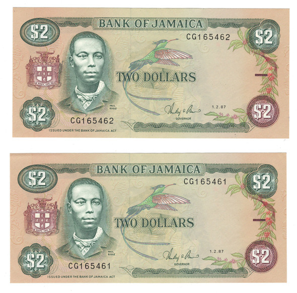 Jamaica: 1987 2 Dollars Banknote Collection Lot (2 Pieces)
