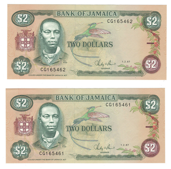Jamaica: 1987 2 Dollars Banknote Collection Lot (2 Pieces) Jamaica: 1987 2 Dollars Banknote Collection Lot (2 Pieces)