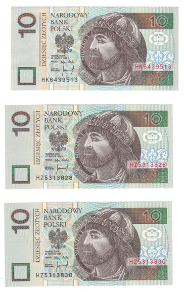Poland: 1994 10 Zlotych Banknote Collection Lot (3 Pieces)