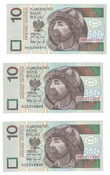 Poland: 1994 10 Zlotych Banknote Collection Lot (3 Pieces) Poland: 1994 10 Zlotych Banknote Collection Lot (3 Pieces)