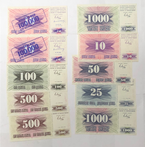 Bosnia: 1992 - 1993 Banknote Collection Lot (10 Pieces)