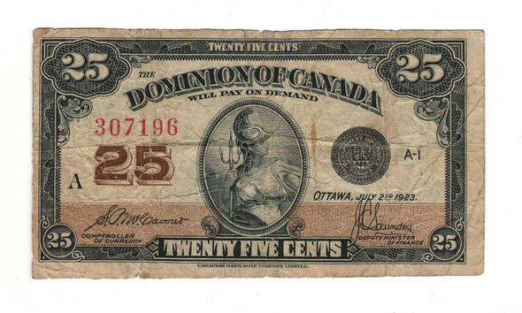 Canada: 1923 25 Cent Banknote Dominion of Canada DC-24c lot#131