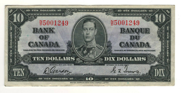 Canada: 1937 $10 Bank Of Canada Banknote BC-24b Lot#69