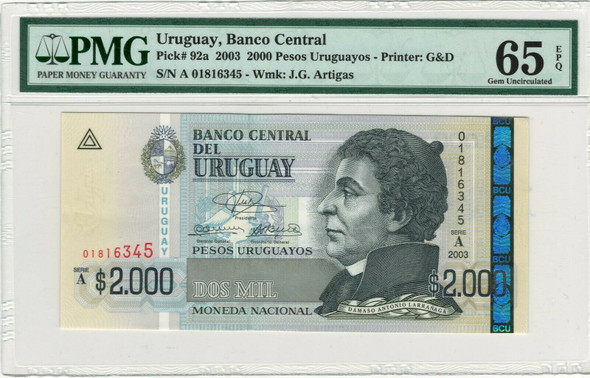 Uruguay: 2003 2000 Pesos Banknote P. 92a PMG 65 EPQ Uruguay: 2003 2000 Pesos Banknote P. 92a PMG 65 EPQ