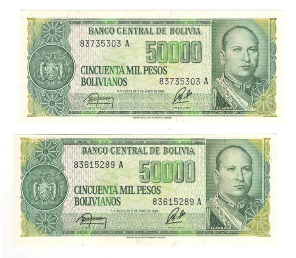 Bolivia: 1984 50000 Pesos Banknote Collection Lot (2 Pieces)