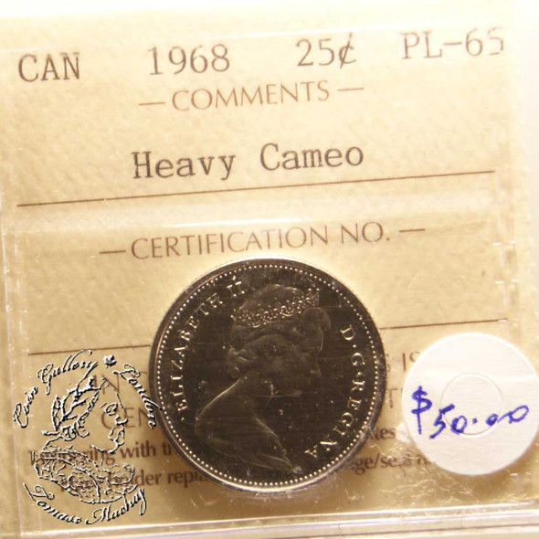 Canada: 1968 25 Cents ICCS PL65 Heavy Cameo Coin