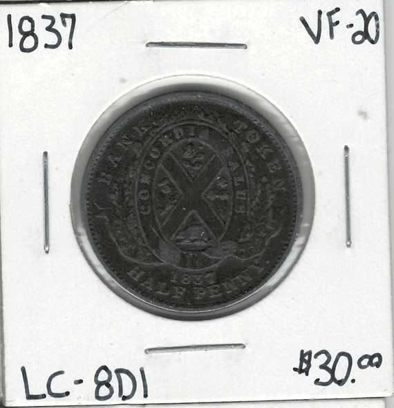 Lower Canada: 1837 Half Penny Token LC-8D1 VF20