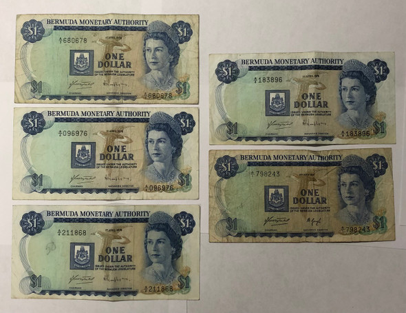 Bermuda: 1975 - 1978 $1 Banknote Collection Lot (5 Pieces) Bermuda: 1975 - 1978 $1 Banknote Collection Lot (5 Pieces)