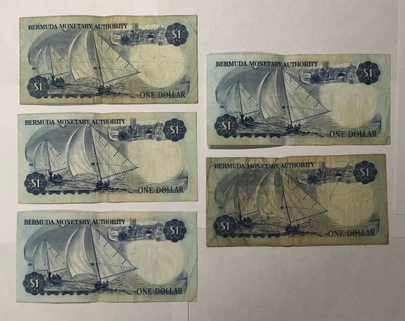 Bermuda: 1975 - 1978 $1 Banknote Collection Lot (5 Pieces) Bermuda: 1975 - 1978 $1 Banknote Collection Lot (5 Pieces)