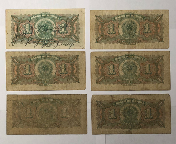 Brazil: 1944 1 Mil Reis Banknote Collection Lot (6 Pieces)