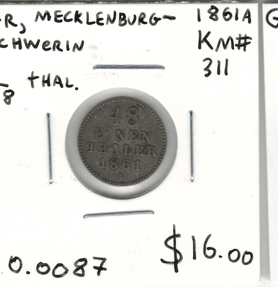 Germany: Mecklenburg - Schwerin: 1861A 1/48 Thaler Germany: Mecklenburg - Schwerin: 1861A 1/48 Thaler